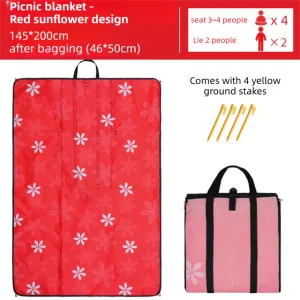 2-in-1 Foldable 145 x 200CM Outdoor Picnic Mat and Storage Handled Bag with Sunflower Pattern & 4 Ground Stakes - Portable Waterproof Camping Blanket Travel Picnic Rug for 3-4 People Outdoor use