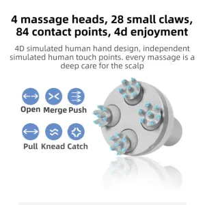 White Wireless Electric Scalp Massager with 28 Soft Silicone Massage Claws Storage Base – Rechargeable Hand-Simulated 4D Deep Kneading Head Massage Device for Humans and Pets