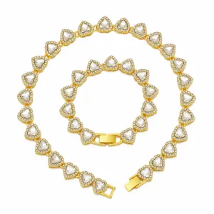 Plated Heart Rhinestone Cuban Link 18 inch Tennis Necklace and 7 inch Tennis Bracelet Set for Women, Crystal Heart Chain Fashion Jewelry Accessories with Gift Box