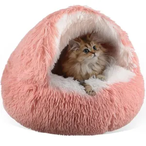 Pink Winter Long Plush Round Donut Cat Bed XL Size Dia 60CM - Soft Fluffy Semi-Enclosed Pet Cave Bed with Non-Slip Base, Machine Washable for Cats Dogs Home and Travel Use