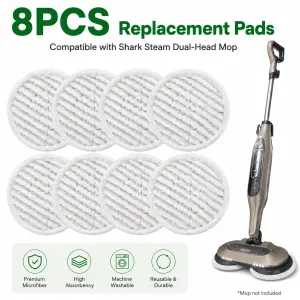 Style 4 Shark Steam Dual-Head Mop Replacement Pads 8 Pack - 7.5 Inch Reusable Round Microfiber Scrubbing Pads Compatible with Shark S7000, S7201, S8001, S8201, S7001, S7000AMZ, S7001TGT, S7005, S7020