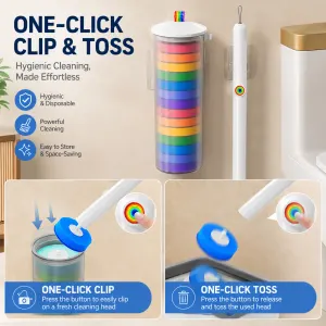 Disposable Toilet Brush Set with 14 Preloaded Cleaning Refill Heads & Wall Mounted Storage Holder – 360° Rotating Brush Head, One-Button Release and Long Handle for Hygienic Bathroom Cleaning