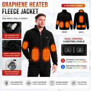 M Size Winter USB Heated Windproof Soft Fleece Warm Jacket for Men and Women – 8 Zones Graphene & Carbon Fiber Fast Heating Coat with Front & Back Dual-Control Button and 3 Level Heating, Washable Design, Muti Pockets, Ribbed Cuff & Stand Collar