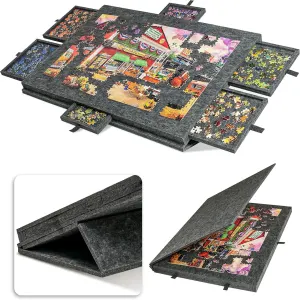 Foldable Anti-Slip Felt Jigsaw Puzzle Board with 6 Sorting Drawers – Lightweight 1000 Piece Puzzle Table Mat, 2-in-1 Neck-Friendly Storage Stand and Protective Cover for Unfinished Puzzle – Dark Grey