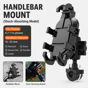 Black Secure Grip Anti-Shock Bike Phone Mount - 360° Rotating Adjustment, 8-Claw Locking Universal Handlebar Navigation Holder for Motorcycle MTB & Road Cycling (Fits 4.7–7" Phones)