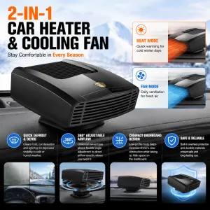 Black Portable Car Heater Fan with 360° Adjustable Base, Fast Defrost & Demister, Dual Mode Heat & Cooling Fan, Quiet Constant Tempe Dashboard Heater for Cars Winter Driving (12V / 150W)