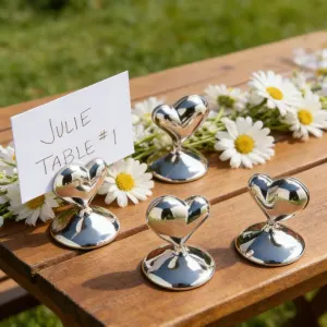 10-Pack Silver Plated Alloy Place Card Holders with Soild Heart Designs, Elegant Wedding Reception Seating Card Clips for Banquets, Parties and Events