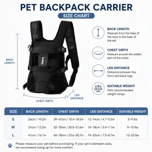 Black Hands Free Adjustable Dog Carrier Backpack with 3-Point Support, Reserved Tail Opening and Wide Padded Straps – Chest & Back Dual Use, Breathable on Both Sides and Quick-release Safety Buckles for Walking Bike Travel Outdoor Use, S Size