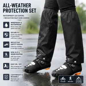 Black Waterproof Windproof Cycling Shoe Covers & Long Half Rain Pants Set – 2 Pairs Nonslip Reflective Half Toe Shoe Covers and 1 Pair Quick Pull-On Adjustable Leg Covers 4XL for Commuting, Hiking and Outdoor Riding