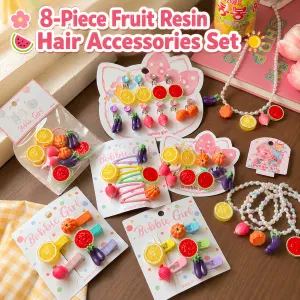 8-Piece Fruit Resin Hair Accessories Set with 5-Type Fruit Hair & Ear Clips, Hair Ties, Pearl Bracelet and Necklace, Cute Colourful Summer Fruity Headwear Kit for Daily Wear, Party Styling and Girls Gift Giving