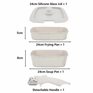 4 Piece Detachable Nonstick Aluminium Alloy Cookware Set (Dia 24CM) – Stackable Frying Pan and Saucepan with Silicone Glass Lid & Heat-Resistant Handle, Fast Heating and Easy Clean for Home and Travel