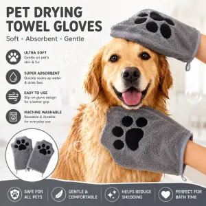 2-piece Quick-drying pet grooming glove towel; made of soft, highly absorbent coral fleece; suitable for drying dogs and cats after bathing.