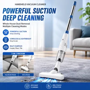 White Cordless Handheld Vacuum Cleaner with Extension Wand - Wireless Home, Car and Pet Hair Vacuum, USB Rechargeable Lightweight Dust Mite Cleaner