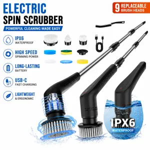 9 piece replaceable cleaning brush heads Electric Spin Scrubber with Extendable Handle - Cordless Rechargeable Cleaning Brush for Kitchen, Bathroom and Floors - IPX6 Waterproof, 2-Speed Motor, Long Battery Life