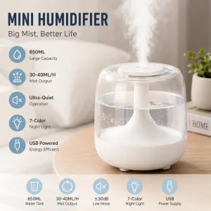 650ML USB Mini Humidifier with Aromatherapy Function, Cool Mist Air Humidifier for Bedroom, Home Office, Quiet Large Mist Output Diffuser with Night Light