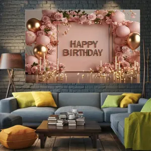 180×115cm Pink Printed Floral, balloon, and candle patterns Happy Birthday Backdrop – Premium Indoor Party Decoration Polyester Wall Banner