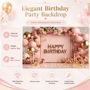 Birthday Party Backdrop and Rechargeable LED Candle Set – 180×115 cm Printed Floral, balloon, and candle patterns “Happy Birthday” polyester banner, includes 4 LED candles for Indoor Celebration Decor