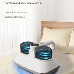 White Wireless Handheld Mite Remover Vacuum – Dual Cup Strong Suction UV Sterilization High Frequency Tapping Portable Bed Sofa Cleaner for Home