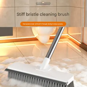 White Long Handle Floor Scrubber Brush – Stainless Steel and PP with Silicone Squeegee, 125cm Length, for Bathroom Tile Grout and Carpet Cleaning