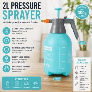2L Pressure Sprayer - PP Plastic Garden Watering Can with Adjustable Brass Nozzle, Hand Pump for Plants and Home Cleaning