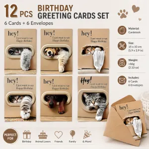 Cute Cat and Dog Birthday Card Set - 6 Assorted Greeting Cards with Envelopes, Funny Animal Design for Friends Family Pet Lovers Gift Ready