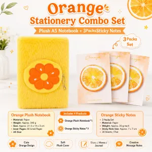 Fruit-Shaped Office Supplies Set-3 packs Orange Shaped Sticky Notes and A5 Plush Notebook with Orange Shaped Detachable Coin Purse - Cute Memo Pads for Journaling Office School Gift Ready