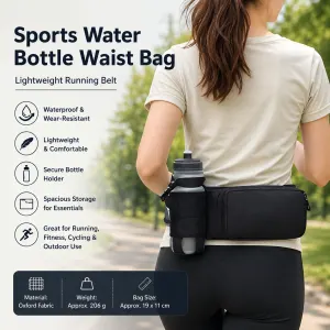 Black Waterproof Sports Waist Bag with Water Bottle Holder - Lightweight Oxford Fabric, Multi-Pocket Design for Running, Gym and Outdoor Activities