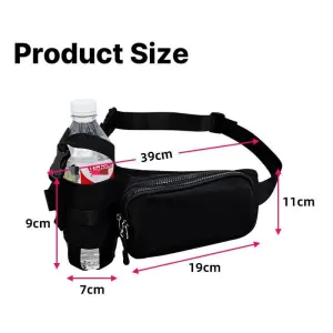 Black Waterproof Sports Waist Bag with Water Bottle Holder – Lightweight Oxford Fabric, Multi-Pocket Design for Running, Gym and Outdoor Activities