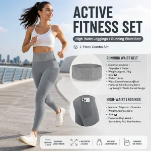 Comfortable Outdoor Sports Set-Grey M Size Running Waist Belt and Grey M Size High-Waisted Yoga Leggings - Breathable Spandex Blend, Side Pockets for Phone and Keys, Lightweight Fitness Gear for Running and Gym