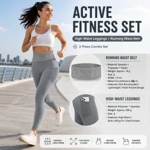 Comfortable Outdoor Sports Set-Grey L Size Running Waist Belt and Grey L Size High-Waisted Yoga Leggings - Breathable Spandex Blend, Side Pockets for Phone and Keys, Lightweight Fitness Gear for Running and Gym