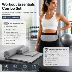 Dry and Breathable Sports combination-Grey Running Waist Belt and Grey 152*76cm and 80*40cm Microfiber Sports Towel Set - Waterproof Nylon Belt with Reflective Strips, Quick Dry Gym Towels for Fitness Running Swimming