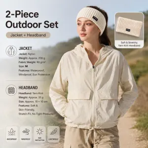 Women's Lightweight Outdoor Windproof and warm set - Beige M Size Waterproof Windproof Sun Protection Hooded Raincoat and Beige Knitted Warm Headband Set for Hiking Travel Daily Wear