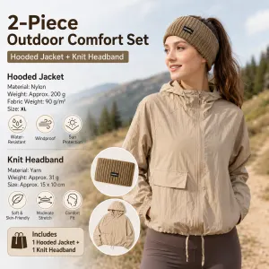 Women's Lightweight Outdoor Windproof and warm set - Khaki XL Size Waterproof Windproof Sun Protection Hooded Raincoat and Khaki Knitted Warm Headband Set for Hiking Travel Daily Wear