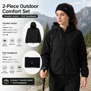 Women's Lightweight Outdoor Windproof and warm set - Black XL Size Waterproof Windproof Sun Protection Hooded Raincoat and Black Knitted Warm Headband Set for Hiking Travel Daily Wear