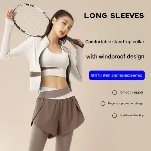 L size Women’s 2-Piece Running Yoga Set – Blue Colorblock Zip Jacket and Blue Faux Two-Layer Leggings, Slim Fit High Stretch Gym Activewear for Fitness and Training