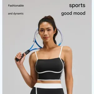 Grey L Size Women’s Linear Sports Set – Polyester Spandex Blend with Adjustable Straps, Removable Pads and Anti-Exposure Skirt for Yoga, Running and Gym