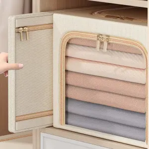 Khaki 56L Slim Foldable Clothes Storage Box Large Capacity Fabric Wardrobe Organiser with Clear Window Dustproof