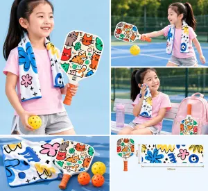 Juvenile Pickleball Paddle Set with Cooling Towel (Meow Paradise) , Cartoon Junior Paddles, Carry Bag and Indoor/Outdoor Balls for Children