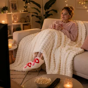 Mushroom-Themed Plush Slippers & Bubble Fleece Throw Blanket Set — A Cozy, Warm Winter Home Gift Bundle, Including Soft & Warm Indoor Slippers (Size AU 4-5) and a 100x150cm Flannel Throw Blanket