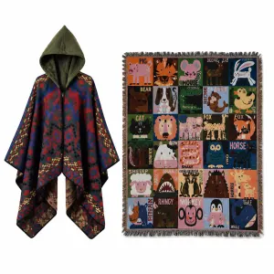 Warm Hooded Poncho Shawl and Animal Pattern Throw Blanket Set for Sofa, Bed and Winter Lounging