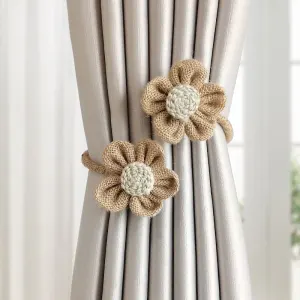 Rustic Flower Curtain Tiebacks Set of 2, Handcrafted Fabric Daisy Curtain Holdbacks, No Drill Flexible Curtain Rope Buckles, Farmhouse Curtain Accessories for Sheer and Blackout Curtains