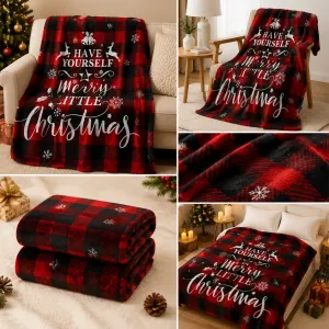 Christmas Home Comfort Set with Flannel Throw Blanket 130x150cm, Plush Indoor Slippers AU 8-9 and Santa Curtain Tiebacks, Cozy Holiday Gift Bundle