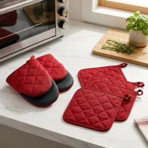 Heat Resistant Oven Mitts Set 1 Pair and 4 Pot Holders Quilted Cotton Kitchen Heat Protection Gloves and Pads Silver Coated Non Slip Baking Cooking Kitchen Accessories