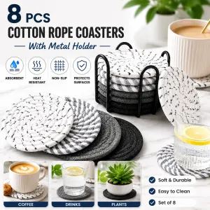 Black 8 Piece Handmade Braided Cotton Coasters Set with Holder 4.3 Inch Round Absorbent Drink Coasters Heat Resistant Table Protection Cup Mats for Home Kitchen