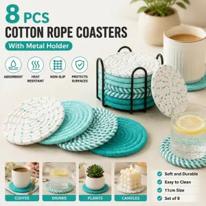 series 8 Piece Handmade Braided Cotton Coasters Set with Holder 4.3 Inch Round Absorbent Drink Coasters Heat Resistant Table Protection Cup Mats for Home Kitchen – Green