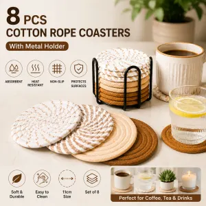 series 8 Piece Handmade Braided Cotton Coasters Set with Holder 4.3 Inch Round Absorbent Drink Coasters Heat Resistant Table Protection Cup Mats for Home Kitchen