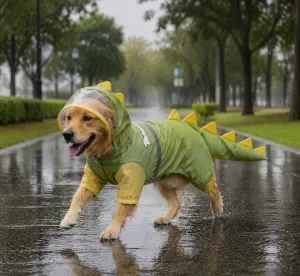 Green Dog Raincoat Dinosaur Hooded Waterproof Jacket 5XL Size with Leash Hole Removable Tail Cover Full Body Coverage Pet Rain Coat for Outdoor Walking Large Dogs