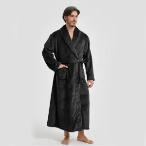 Men’s Flannel Bathrobe Black XL Size – Soft Coral Fleece Hooded Kimono Collar Dressing Gown Loose Fit Warm Comfortable Loungewear Home Spa Easy Care Machine Washable
