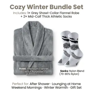 Grey Men's Winter Lounge Bundle Set - Flannel Shawl Collar Robe(L Size) with 2x White Thick Mid Calf Demon Pattern Socks, Warm Plush Homewear Set, Soft Cozy Sleepwear and Indoor Loungewear Gift for Men
