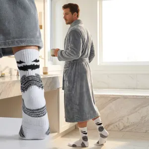 Grey Men’s Winter Lounge Bundle Set – Flannel Shawl Collar Robe(L Size) with 2x White Thick Mid Calf Demon Pattern Socks, Warm Plush Homewear Set, Soft Cozy Sleepwear and Indoor Loungewear Gift for Men